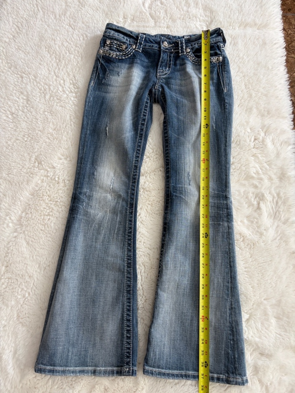Miss Me Women's Light Blue Flare Jeans with Embroidered Pockets,Size 27. - Picture 13 of 17